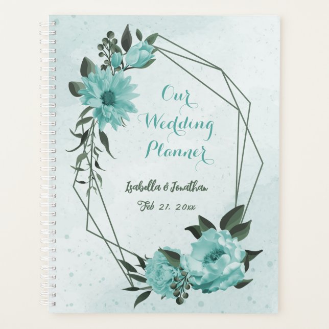 romantic  blue flowers & green leaves wedding planner (Front)