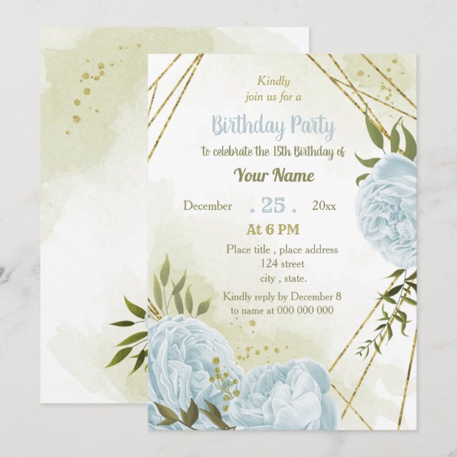 romantic blue flowers greenery birthday party invitation (Front/Back)