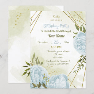 romantic blue flowers greenery birthday party invitation