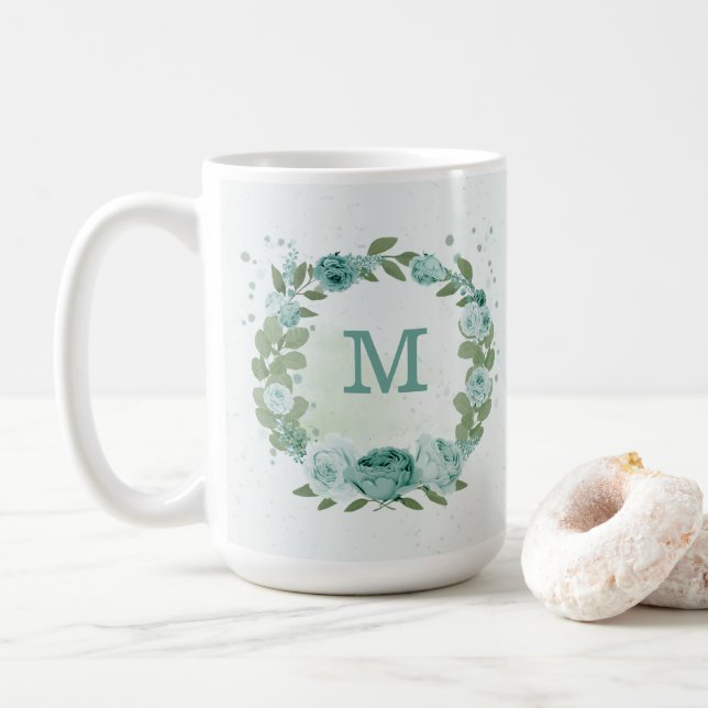 romantic blue flowers greenery coffee mug (With Donut)