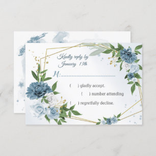 romantic blue flowers greenery geometric RSVP card
