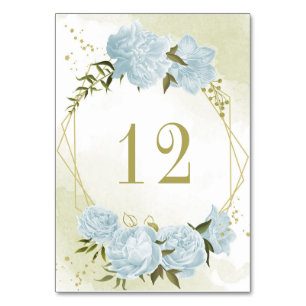 Romantic blue flowers greenery gold geometric table number