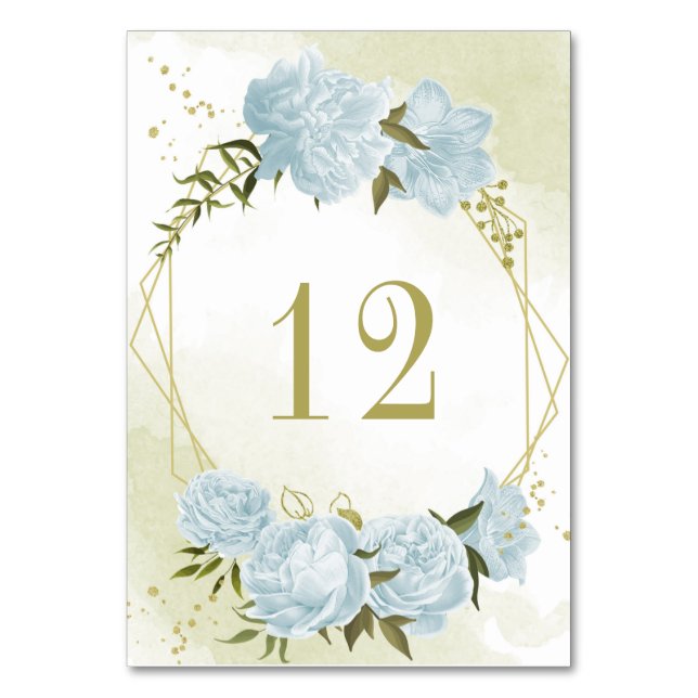 Romantic blue flowers greenery gold geometric table number (Front)