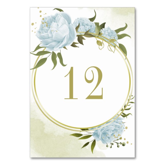 Romantic blue flowers greenery gold wreath table number (Front)