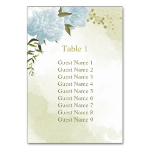 Romantic blue flowers greenery seating chart table number
