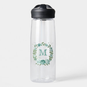 romantic blue flowers greenery water bottle
