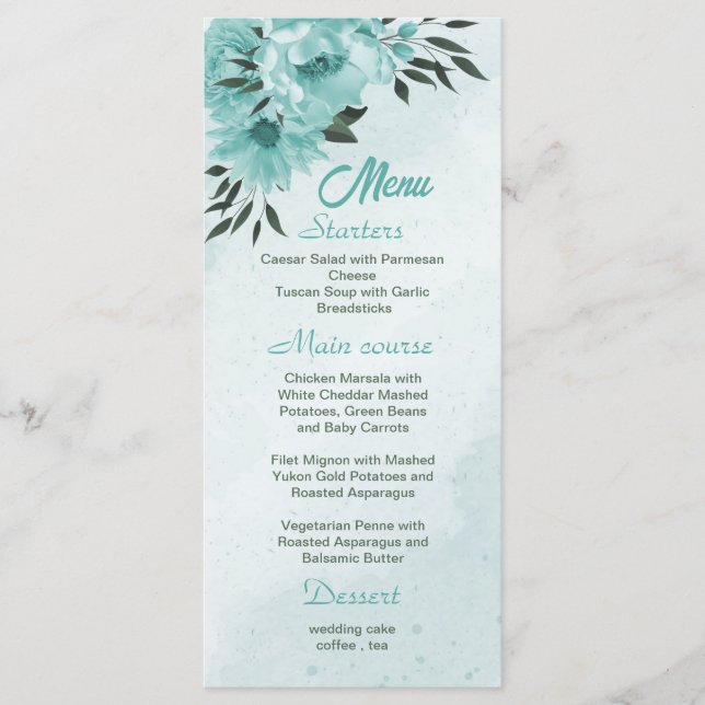Romantic blue flowers greenery wedding menu (Front)