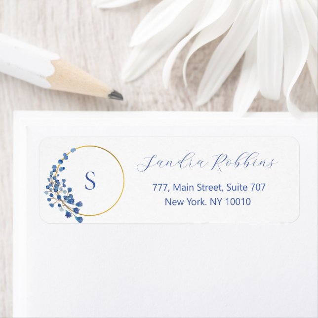 Romantic blue flowers monogram label (Insitu)