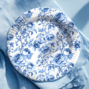 Romantic Blue French Toile Roses Floral Paper Plat Plate