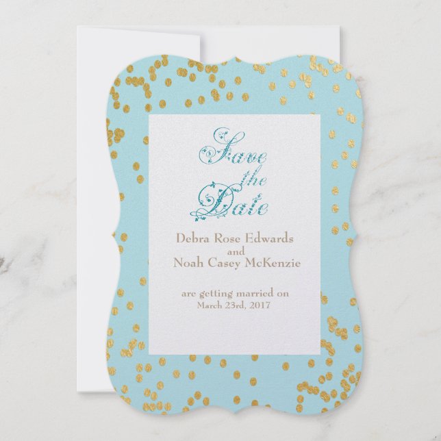 Romantic Blue Gold Confetti Save The Date Invitation (Front)