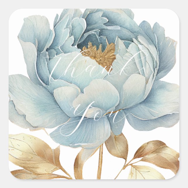 Romantic blue golden flowers thank you square sticker (Front)