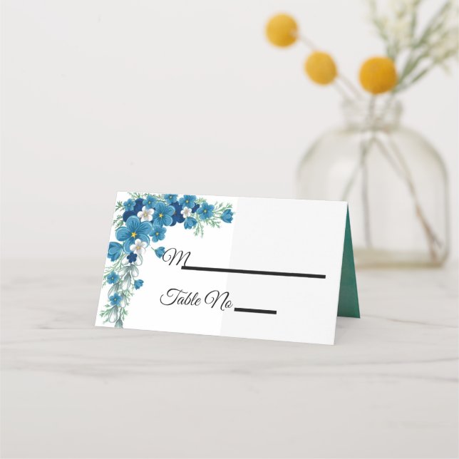 Romantic Blue/Green Floral Wedding Place Card (Front)