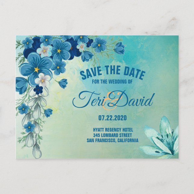 Romantic Blue/Green Floral Wedding Save The Date Announcement Postcard (Front)