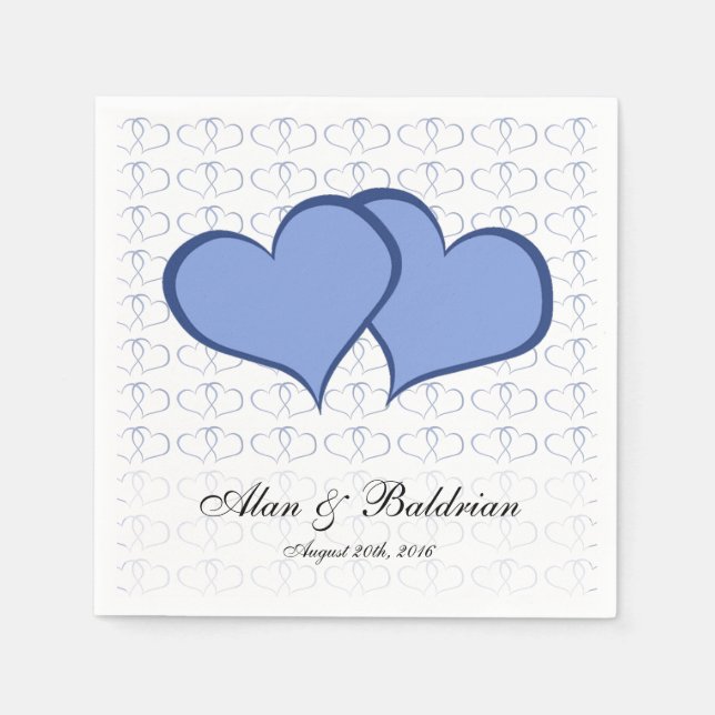 Romantic Blue Hearts Graphical He He Custom Text Napkin (Front)