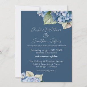 Romantic Blue Hydrangea Flowers on Navy Invitation