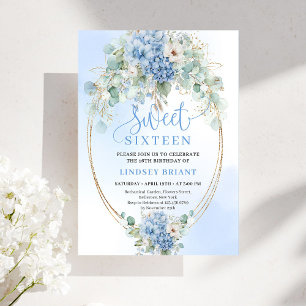 Romantic Blue Hydrangea Gold Floral Sweet Sixteen Invitation