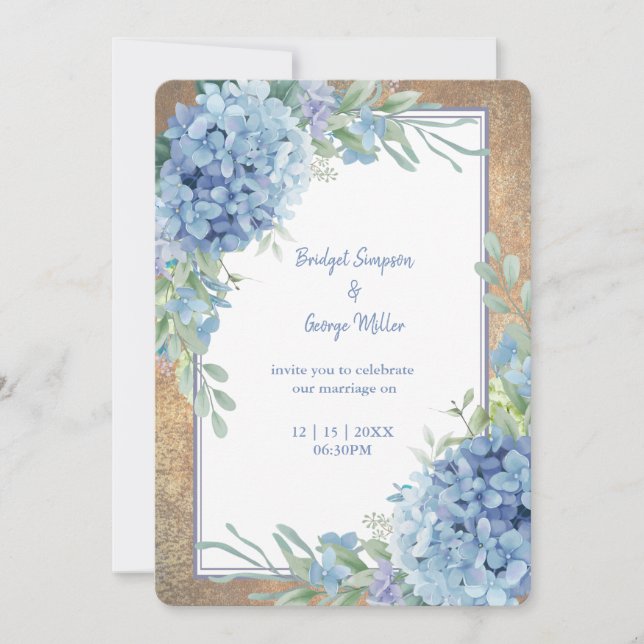 Romantic Blue Hydrangea Monogram wedding Invitation (Front)