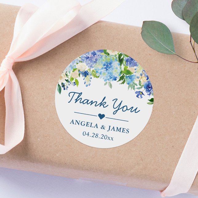 Romantic Blue Hydrangeas Floral Wedding Thank You Classic Round Sticker (Creator Uploaded)