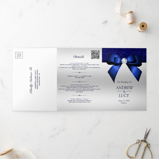 Romantic Blue Jewel Gem Bow QR Code Wedding Tri-Fold Invitation (Outside)
