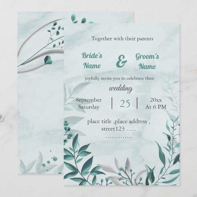 romantic blue leaves floral wedding invitation (Front/Back)