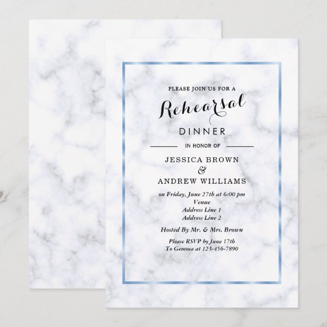 Romantic Blue Marble Wedding Rehearsal Dinner Invitation (Front/Back)