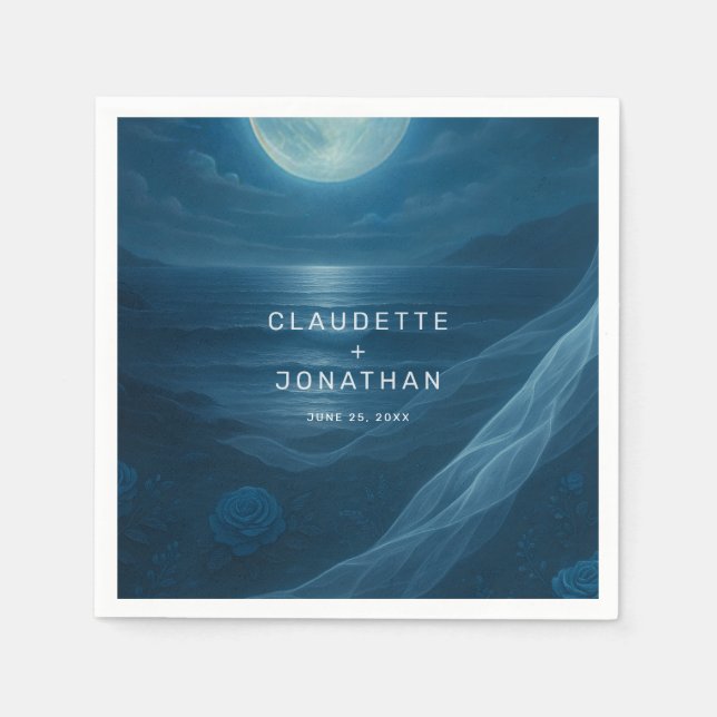 Romantic Blue Moonlit Beach Custom Names Wedding Napkin (Front)