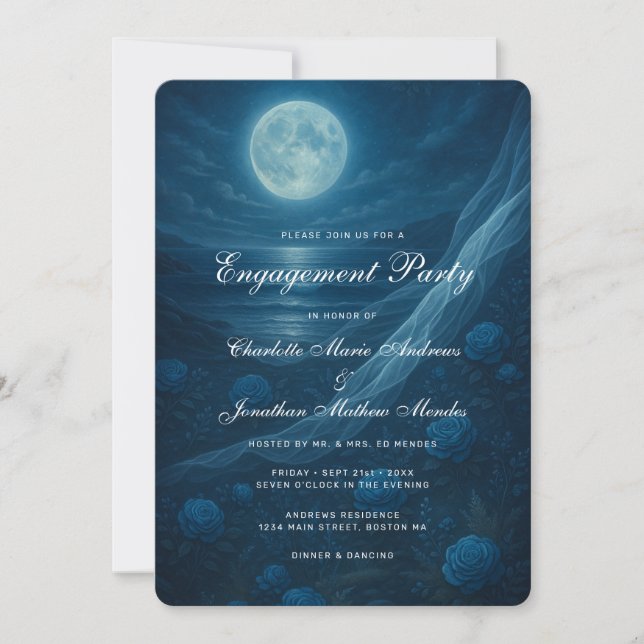 Romantic Blue Moonlit Beach Engagement Party Invitation (Front)