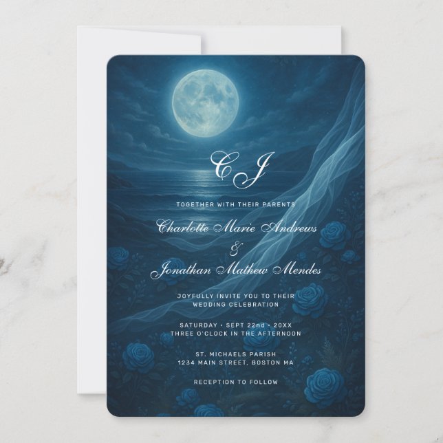 Romantic Blue Moonlit Beach Wedding Invitation (Front)