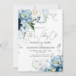 Romantic Blue Navy Floral All In 1 QR Code Wedding Invitation
