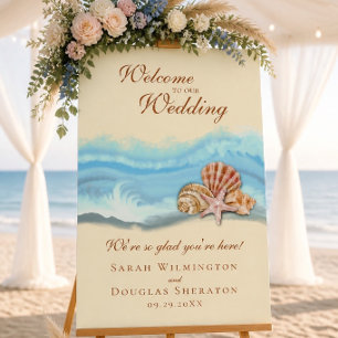 Romantic Blue Ocean Wave and Seashells Welcome Poster