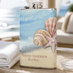 Romantic Blue Ocean Wave & Seashells Hip Flask