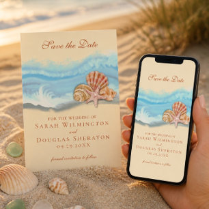 Romantic Blue Ocean Wave & Seashells Wedding Invitation