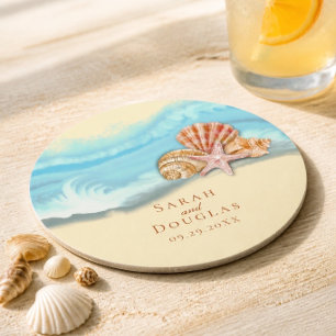 Romantic Blue Ocean Wave & Seashells Wedding Round Paper Coaster