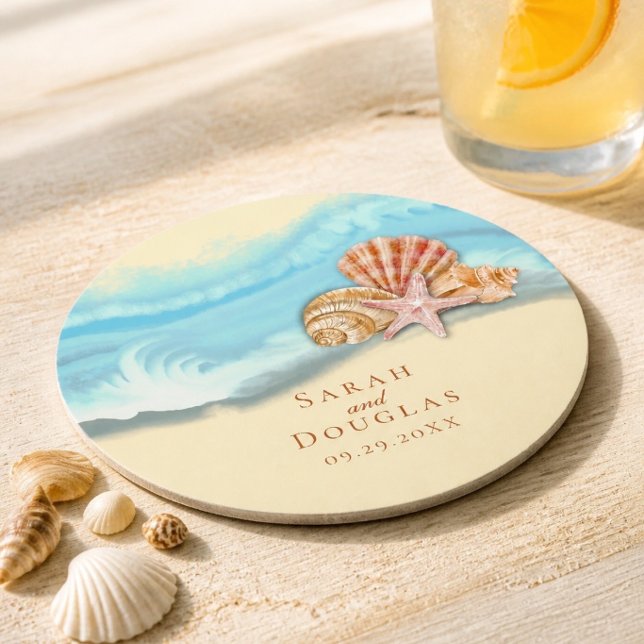 Romantic Blue Ocean Wave & Seashells Wedding Round Paper Coaster (Creator Uploaded)