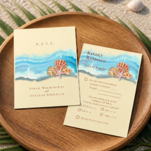Romantic Blue Ocean Wave & Seashells Wedding RSVP Card