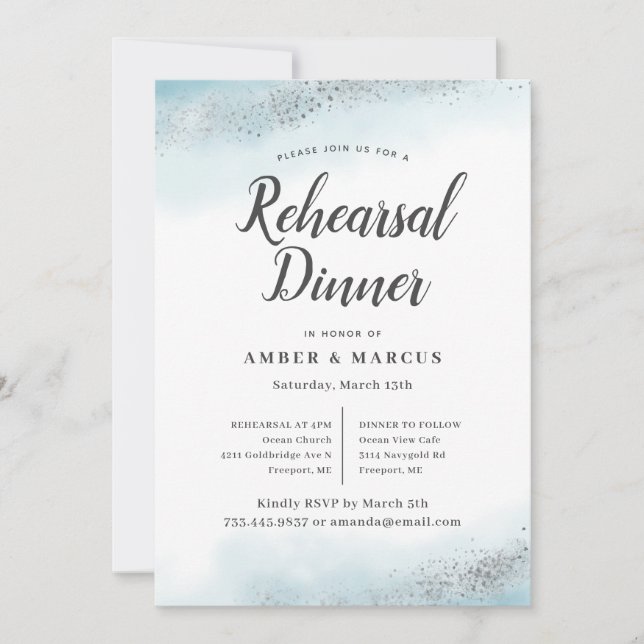Romantic Blue Ombre Wedding Rehearsal Dinner Invitation (Front)