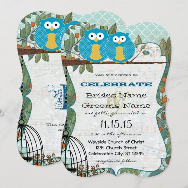 Romantic Blue Owls Marry My Best Friend Wedding Invitation (Front/Back)