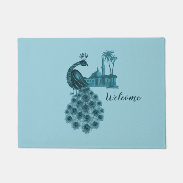 Romantic Blue Peacock Doormat (Front)