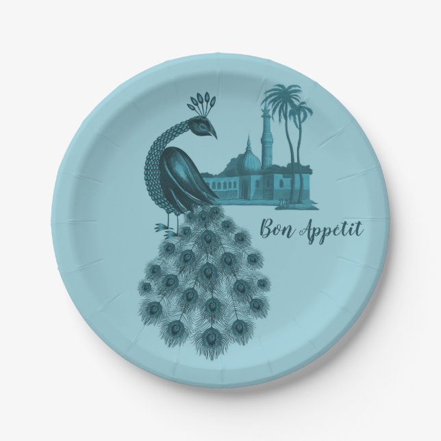 Romantic Blue Peacock Paper Plate (Front)