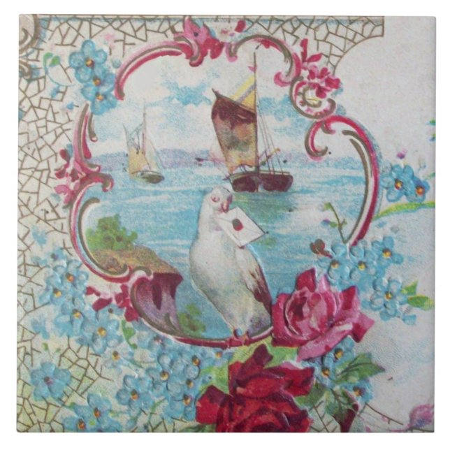 ROMANTIC BLUE PINK FLORAL,DOVE,ROSES AND SEASCAPE TILE (Front)