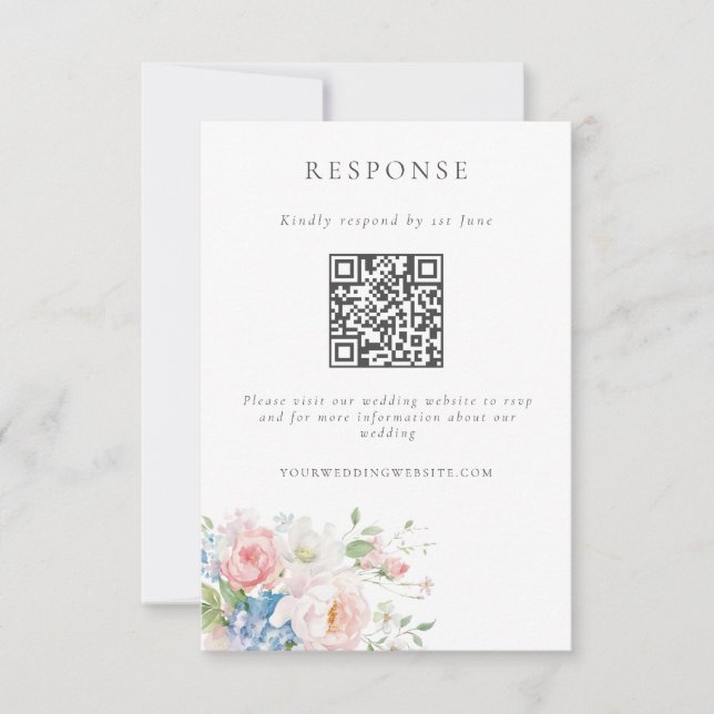 Romantic Blue & Pink Pastel Floral QR Code Wedding RSVP Card (Front)