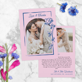 Romantic Blue Pink Rose Illustration Photo Wedding Thank You Card