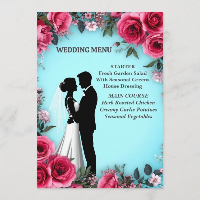 Romantic Blue Pink Rose Wedding Dinner 🌸 Menu (Front)