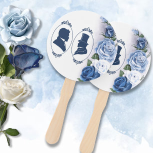 Romantic Blue Regency Gay Botanical Silhouette Hand Fan