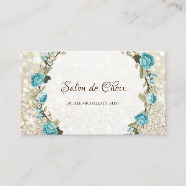 Romantic Blue Rose Floral Elegant Glitter Sparkle Business Card (Front)