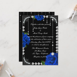 Romantic Blue Roses And Diamonds Invitation