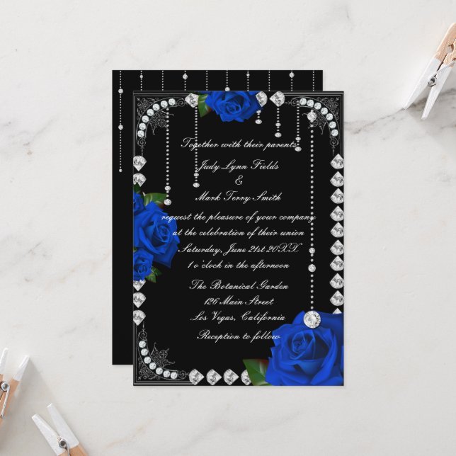Romantic Blue Roses And Diamonds Invitation (Front/Back In Situ)