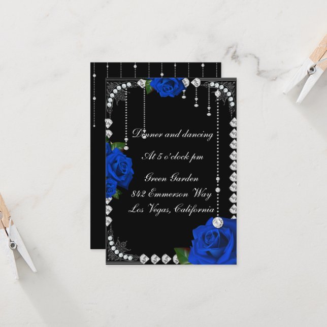 Romantic Blue Roses And Diamonds Reception Card (Front/Back In Situ)