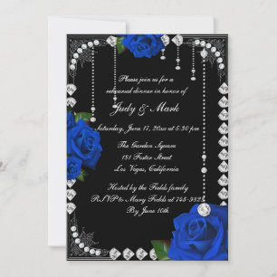 Romantic Blue Roses And Diamonds Rehearsal Dinner Invitation