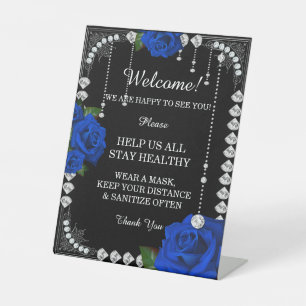Romantic Blue Roses And Diamonds Safety Measures Pedestal Sign